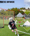 Ultra Large 14x10 Ft Lacrosse Backstop Net For Shooting Practice Extra Coverage To Stop Missed Shots 14mm Foam Wrapped Fiberglass Poles 4 Strand Tear Resistant Netting Includes Sandbag And Stakes Goal Not Included shown in outdoor field with player