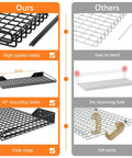 Comparison of heavy duty metal garage wall shelves showing features like quality, mounting holes, and stability versus others.