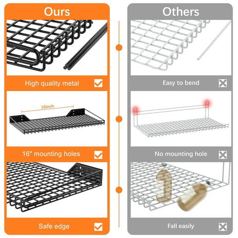 Comparison of heavy duty metal garage wall shelves showing features like quality, mounting holes, and stability versus others.