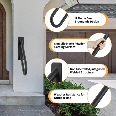 Built Tough Heavy Duty Metal Handrails U Shaped Safety Grab Bars Featuring Non Slip Black Powder Coating For Rugged Wall Mount Outdoor Indoor Stairs Porch Access mounted on wall with non-slip grip.