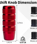Red Aluminum Shift Knob 3.74 Inch With 3 Threaded Adapters M8 X1.25 M10 X1.25 M12 X1.25 Fits Universal Manual Transmissions For Cars And Trucks Dope Premium Grip Easy Install shown with measurements and adapter sizes.