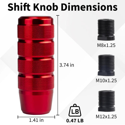 Red Aluminum Shift Knob 3.74 Inch With 3 Threaded Adapters M8 X1.25 M10 X1.25 M12 X1.25 Fits Universal Manual Transmissions For Cars And Trucks Dope Premium Grip Easy Install shown with measurements and adapter sizes.