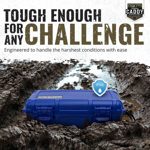 Tough As Nails Outdoor Case With Airtight Gasket Seal and Heavy Duty Latches resting in muddy terrain, measuring 9x4.75x3 inches.
