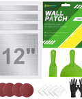 12-Inch By 12-Inch Drywall Repair Kit with 4 big patches, heavy-duty aluminum self-adhesive mesh, scrapers, sandpaper, gloves.