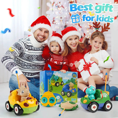 Family with kids playing with Remote Control Dinosaur Car Toy Two Pack With Lights And Music For Toddlers Boys Ages 2 To 5.