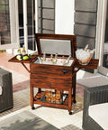 Wooden Patio Cooler Cart With 54 Quart Capacity Rolling Beverage Bar On Wheels With Bottle Opener Drain Plug And Locking Wheels