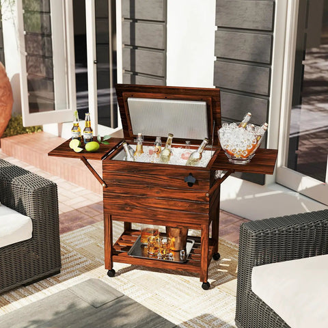 Wooden Patio Cooler Cart With 54 Quart Capacity Rolling Beverage Bar On Wheels With Bottle Opener Drain Plug And Locking Wheels