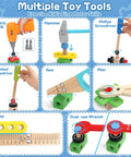 Multiple toy tools from Kids Tool Set With Real Drill For Little Builders, Educational Montessori STEM Toys, 44 Pcs Wooden Toddler Tool Kit