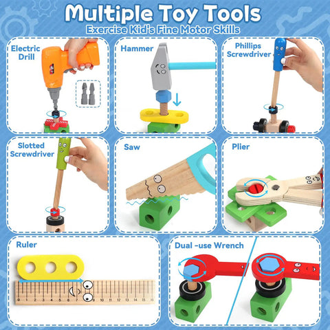 Multiple toy tools from Kids Tool Set With Real Drill For Little Builders, Educational Montessori STEM Toys, 44 Pcs Wooden Toddler Tool Kit