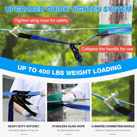Backyard Zip Line Kit For Kids And Adults, 200 Feet, Supports Up To 400 Lbs, Upgraded Quick Tightening System detail view