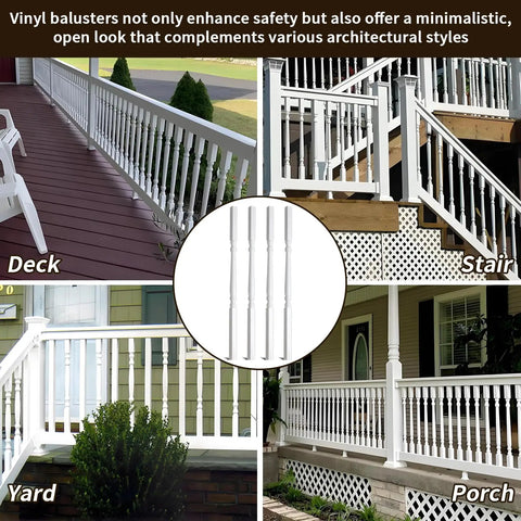 Top Shelf White Vinyl Deck Railing Balusters Colonial Style Outdoor Porch Fence Spindles in deck, yard, porch, and stair settings.