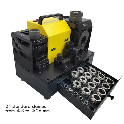Heavy Duty Workhorse Drill Bit Grinder Sharpener Adjustable 3 To 26 Mm Angle Drill Tool with 24 clamps in drawer.