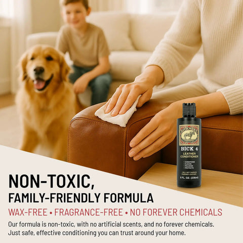 Top Tier Non Darkening Leather Conditioner And Cleaner For Kicks Couch Car Rigs Heavy Duty Polishing Solution 8 Oz being applied to leather couch