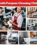 Collage of various settings like bar, restaurant, office, gym, and home using multi-purpose cleaning cloths.