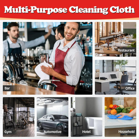 Collage of various settings like bar, restaurant, office, gym, and home using multi-purpose cleaning cloths.