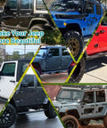 Heavy Duty Four Door Hinge Assembly Kit For 2007 To 2018 Jeep Wrangler JK JKU Unlimited shown on customized Jeep models.
