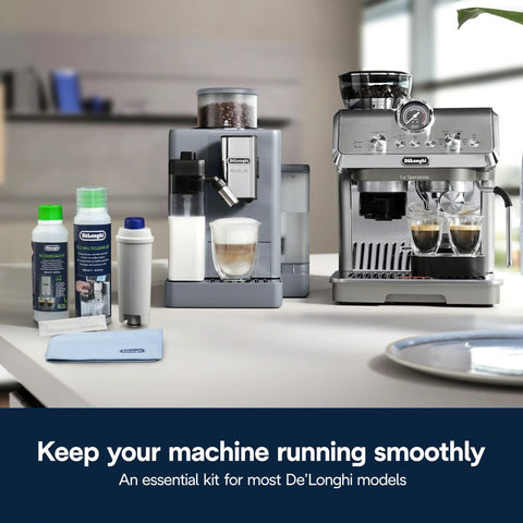 Must Have Essential Coffee Machine Maintenance Kit With BPA Free Water Filter Ion Exchange Tech Activated Carbon Plant Based Descaler For Most Espresso Machines With Filters DLSC306 Black on countertop with De'Longhi machines