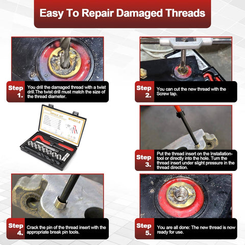 Pro Grade 15 Pcs M14x1.5 Thread Repair Inserts Kit With Spiral Drill Tap Wrench And Tools usage steps and parts display.