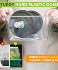 All In One Seed Starter Kit With 40 Cell Tray And Tall Humidity Dome held by person, showing inner rim to prevent leaks.
