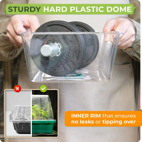 All In One Seed Starter Kit With 40 Cell Tray And Tall Humidity Dome held by person, showing inner rim to prevent leaks.