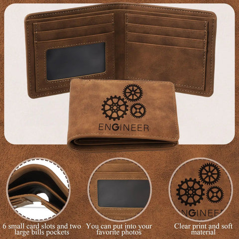 Engineer Gadget Gift Set For Men With Retro Brown Wallet showing card slots, bill compartments, and vintage gear design.