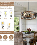 Black 22 Inch Drum Chandelier With Wood Grain Finish Modern Farmhouse Pendant Light in dining room, bulb type guide displayed