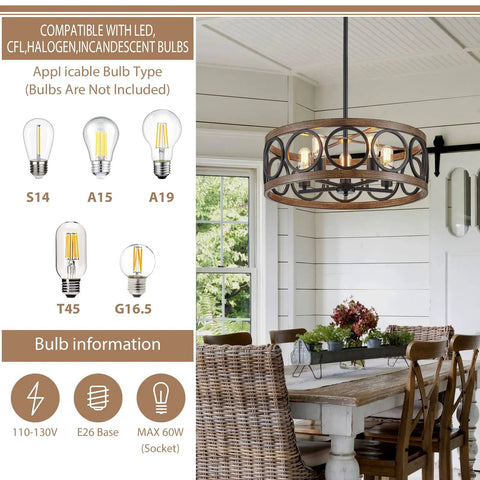 Black 22 Inch Drum Chandelier With Wood Grain Finish Modern Farmhouse Pendant Light in dining room, bulb type guide displayed