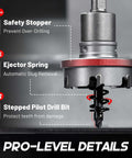 EZARC 9-Piece Quick Change Carbide Hole Saw Kit; front view with red band and metal cutter head with pilot drill bits
