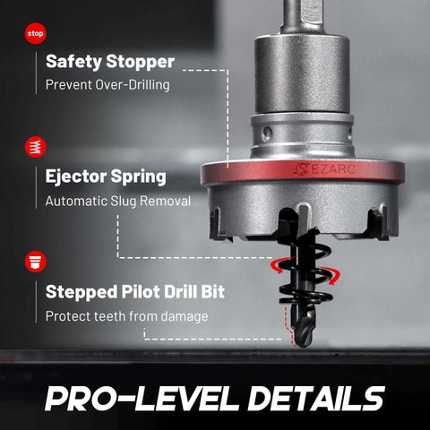 EZARC 9-Piece Quick Change Carbide Hole Saw Kit; front view with red band and metal cutter head with pilot drill bits