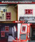 Multifunctional installation of foldable tool tray with expandable work surface for module storage systems on walls and truck