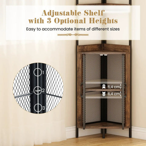 Industrial 4 Tier Corner Shelf With Cabinet Doors And Metal Frame Freestanding Brown Bookcase adjustable shelf detail
