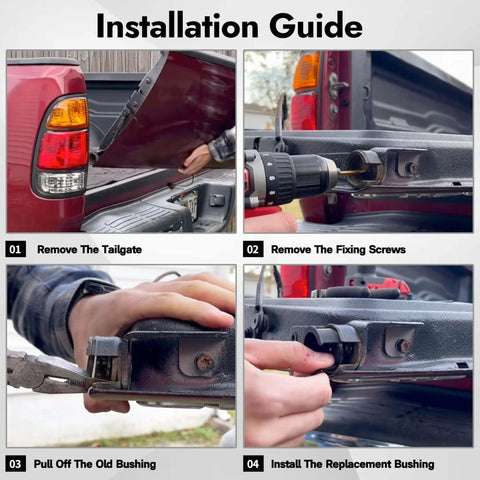 Installation guide for 2 Pcs Tailgate Hinge Bushing Insert For 2007 Through 2024 Toyota Tundra SR And SR5. Steps shown in four images.