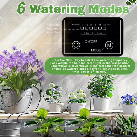 Solar Garden Irrigation System With Fifty Days Standby Time Auto Watering For Twenty To Thirty Pots Anti Siphon Feature panel.