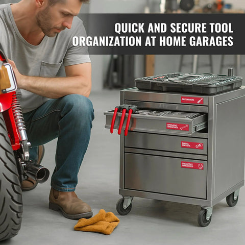 Man organizing tools in garage using 90 Pcs Magnetic Toolbox Labels Set Red 3.5x1 Inch For Tool Box Drawers With Strong Magnetic Backing