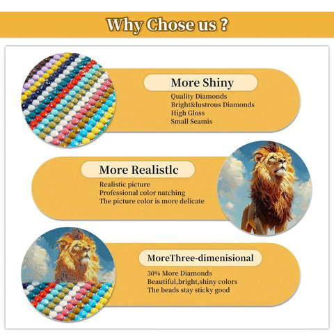 Close-up of diamond drill beads detail and lion diamond art. Text highlights quality, realism, and dimensions in 12 Pack Animal Diamond Painting Kits For Adults 5D.