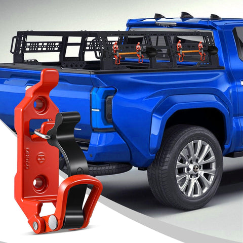 8 Piece Shovel Holder Kit For Trucks And Roof Racks with red and black metal and rubber clamps mounted on a blue truck bed