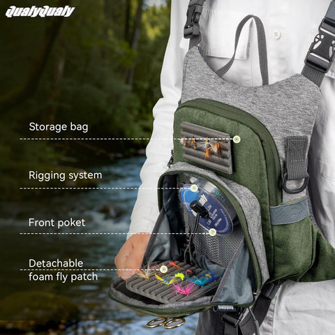 Fly Fishing Chest Pack With Workstation And Quick Release Lightweight Tackle Bag shown with open compartments and front pocket.