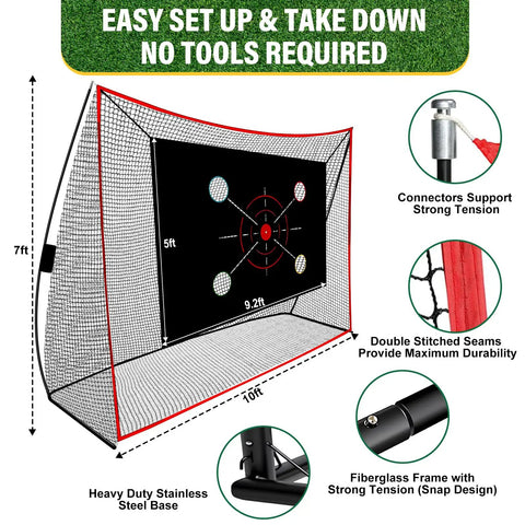 Backyard Golf Net 10x7 Ft With Practice Mat showing multi-target pockets and 7-ply anti-tear netting, easy setup, no tools needed.