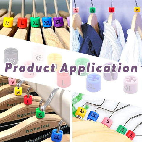 820 Piece Hanger Size Markers Set With Storage Box, 9 Common Sizes From XXS To 4XL in use on clothing hangers