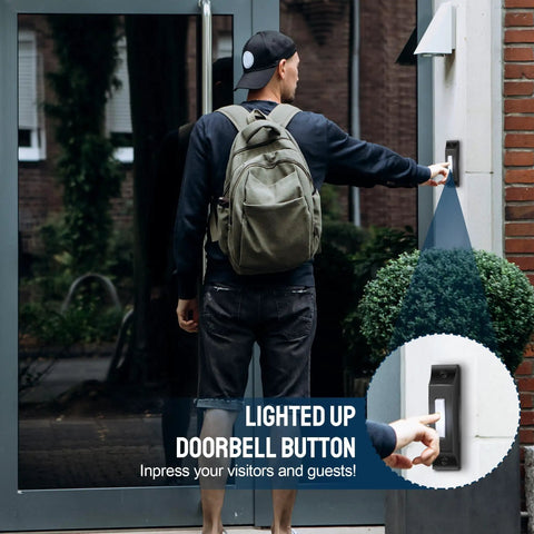Lighted Wired Doorbell Button With Metal Wall Mount In Black Waterproof LED Push Button For Home Durable Weatherproof Doorbell Easy Install No Fuss High Visibility Illumination Long Lasting Performance on exterior wall