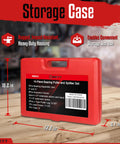 Red storage case for Bearing Puller And Splitter Set 14-Piece Heavy Duty Kit, with product details and dimensions.