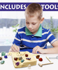 Child using Gem Stone Dig Kit With 16 Real Gems And Crystals Including Quartz Point And Amethyst STEM Education For Kids.