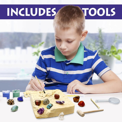 Child using Gem Stone Dig Kit With 16 Real Gems And Crystals Including Quartz Point And Amethyst STEM Education For Kids.