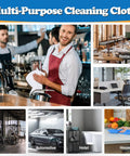 Multi-purpose cleaning cloth used in bar, restaurant, office, gym, automotive, hotel, and household settings.
