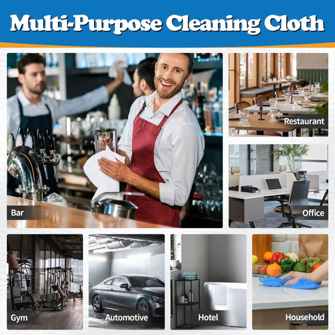 Multi-purpose cleaning cloth used in bar, restaurant, office, gym, automotive, hotel, and household settings.