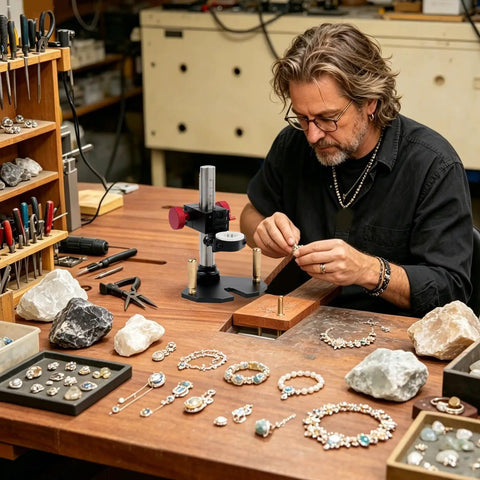 Jeweler using Sturdy Rotary Tool Stand for a stable drill press makeover on a workbench, surrounded by jewelry pieces and tools.