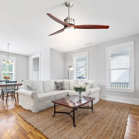 52 Inch Wood Ceiling Fan With Lights Remote Control Dimmable LED Light 3 Blades Reversible Quiet DC Motor For Bedroom Living Room And Patio Slick Brushed Nickel And Burgundy Finish, in a cozy living room setting.