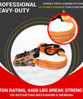 Beefy Heavy Duty Ratchet Straps 4 Pack With Wide Padded Grips, 4400 Lb Break Strength, 1.5 Inch, detail of orange straps and buckle