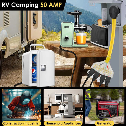 50 Amp To 20 Amp RV Power Adapter NEMA 14 50P To Four 5 20R Receptacles with appliances and generator, campground scene