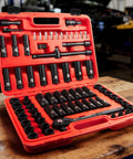 Open case of Beast Half Inch Drive Impact Socket Set 72 Piece Includes 6 And 12 Point Sockets Deep And Shallow Cr V Steel Metric And SAE